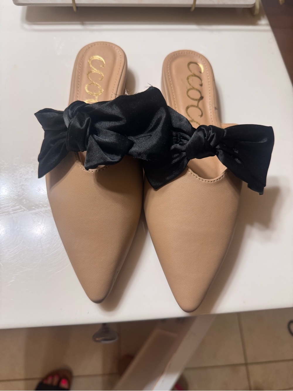 CCOCCI Beige Pointed Mule with Black Satin Bow Accent